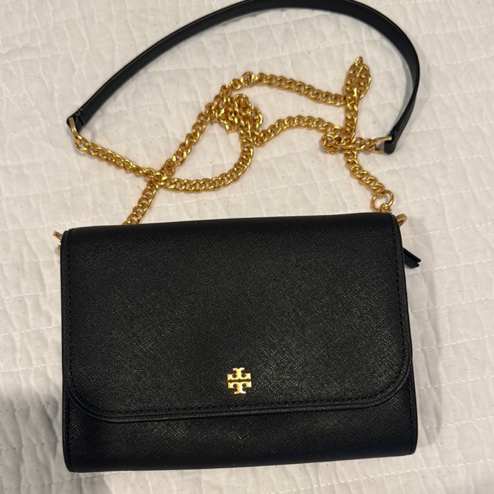Tory Burch Black and Gold Crossbody with Logo Emblem